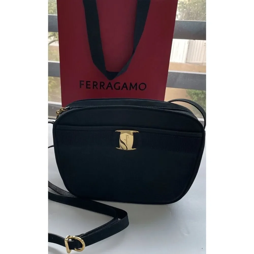 SALVATORE FERRAGAMO Vara Shoulder Crossbody Bag Suede Leather Black